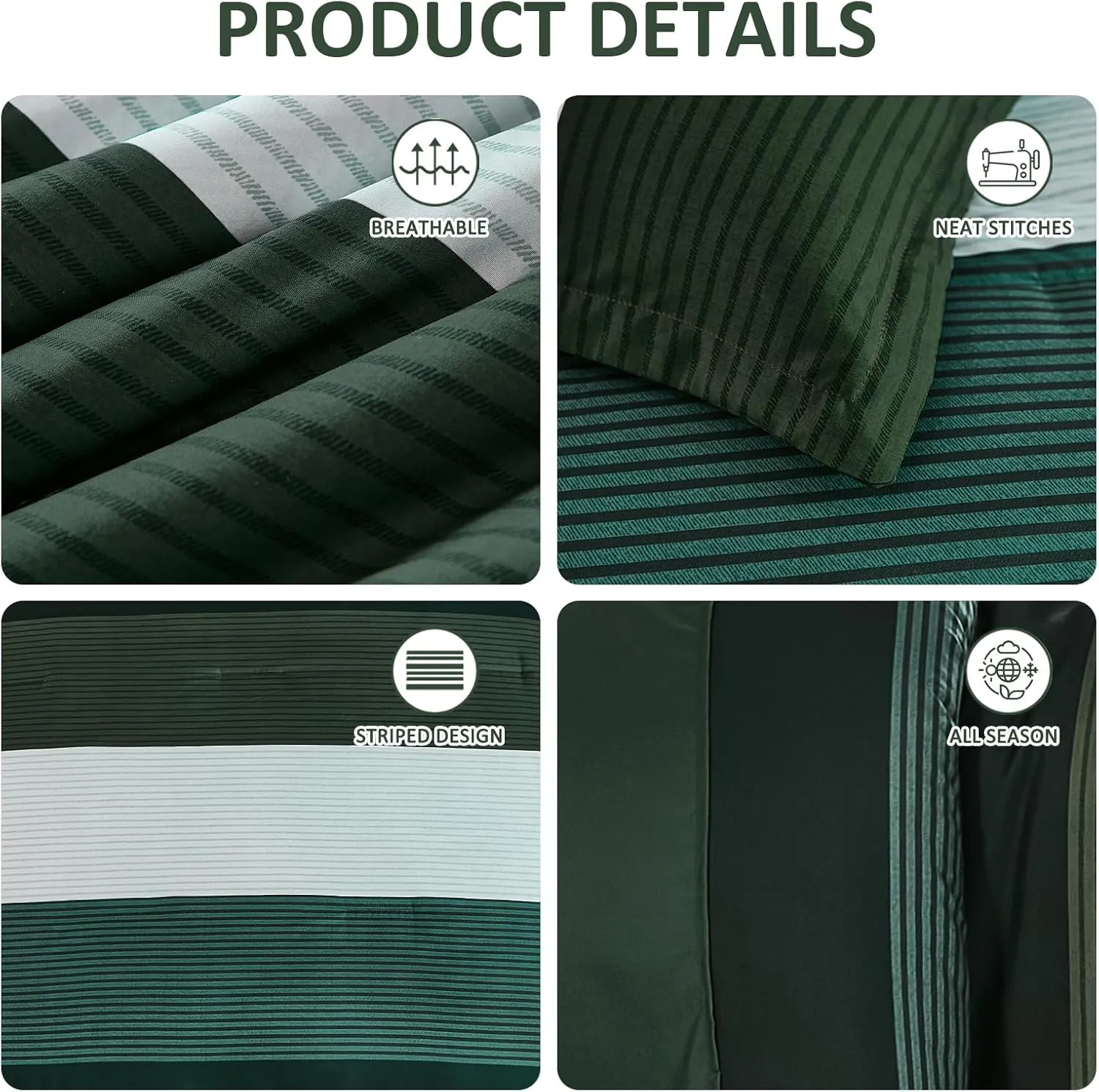 Anibedding 7 Piece Bed in a Bag Stripe King Size Comforter Set, Dark Green Soft Microfiber Striped All Season Bedding with Comforter, Pillow Shams, Flat Sheet, Fitted Sheet and Pillowcases