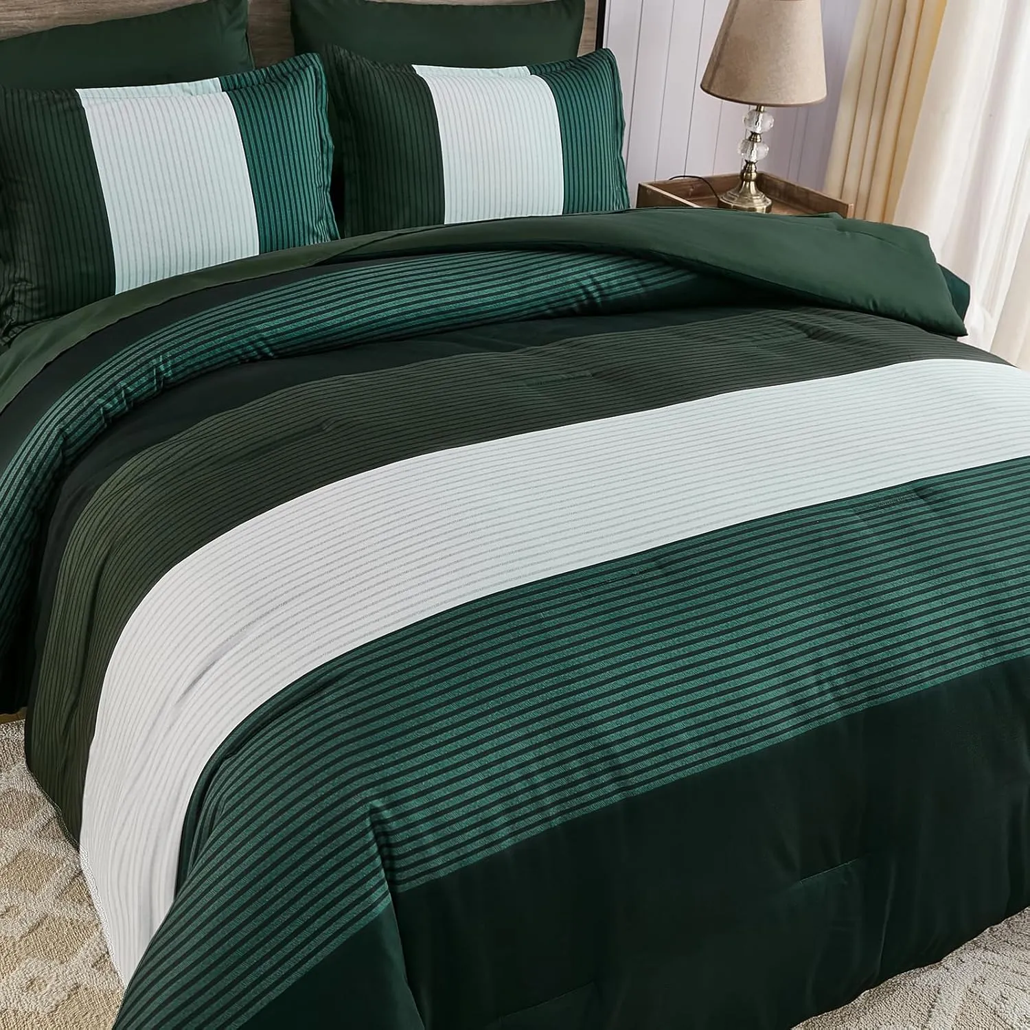 Anibedding 7 Piece Bed in a Bag Stripe King Size Comforter Set, Dark Green Soft Microfiber Striped All Season Bedding with Comforter, Pillow Shams, Flat Sheet, Fitted Sheet and Pillowcases