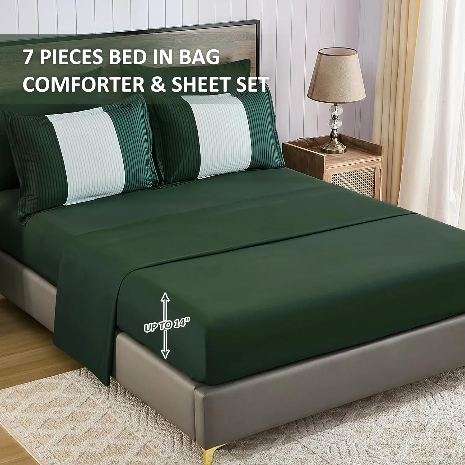 Anibedding 7 Piece Bed in a Bag Stripe King Size Comforter Set, Dark Green Soft Microfiber Striped All Season Bedding with Comforter, Pillow Shams, Flat Sheet, Fitted Sheet and Pillowcases