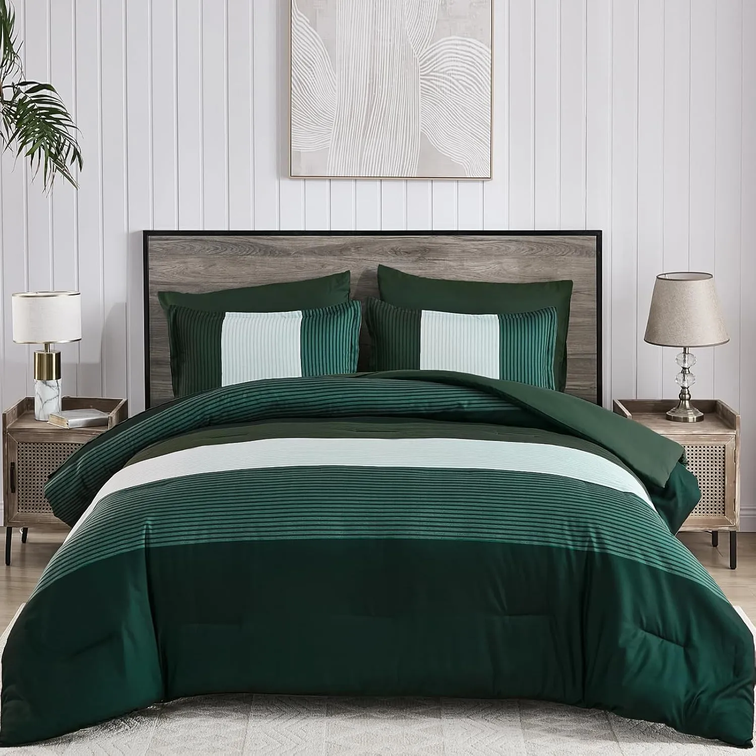 Anibedding 7 Piece Bed in a Bag Stripe King Size Comforter Set, Dark Green Soft Microfiber Striped All Season Bedding with Comforter, Pillow Shams, Flat Sheet, Fitted Sheet and Pillowcases