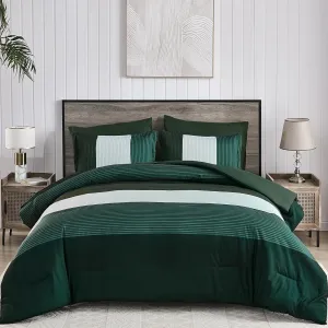 Anibedding 7 Piece Bed in a Bag Stripe King Size Comforter Set, Dark Green Soft Microfiber Striped All Season Bedding with Comforter, Pillow Shams, Flat Sheet, Fitted Sheet and Pillowcases