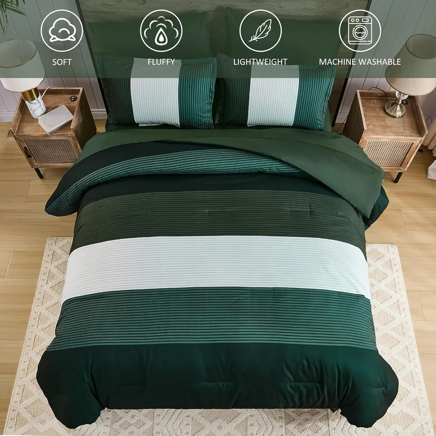 Anibedding 7 Piece Bed in a Bag Stripe King Size Comforter Set, Dark Green Soft Microfiber Striped All Season Bedding with Comforter, Pillow Shams, Flat Sheet, Fitted Sheet and Pillowcases