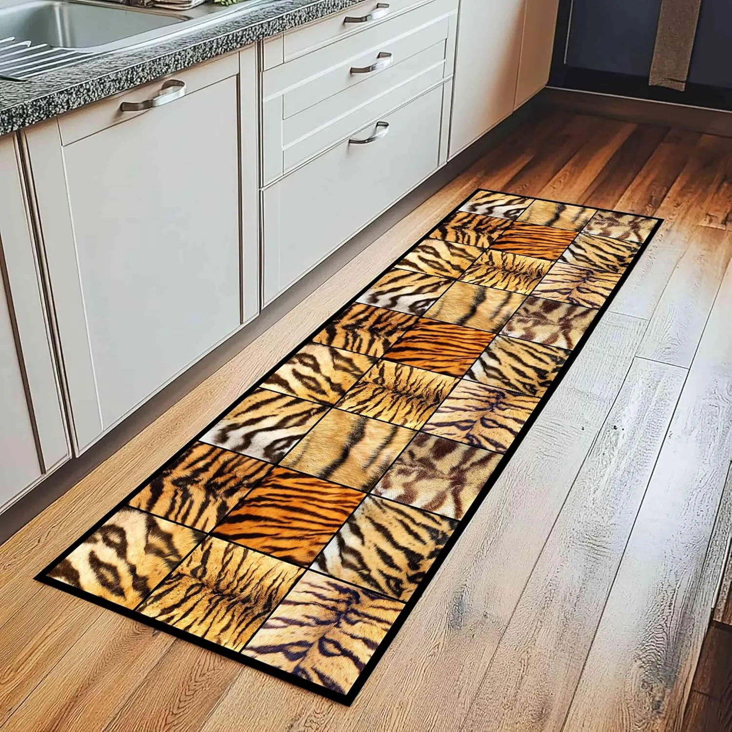 Animal Long Runners 2x6ft Wildlife Brown Tiger Stripes and Leopard Geometric Patchwork Hallway Runner Rugs Soft Cozy Absorbent Carpet for Bedroom Washable Non-Slip Mat for Bedside Kitchen