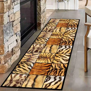 Animal Long Runners 2x6ft Wildlife Brown Tiger Stripes and Leopard Geometric Patchwork Hallway Runner Rugs Soft Cozy Absorbent Carpet for Bedroom Washable Non-Slip Mat for Bedside Kitchen