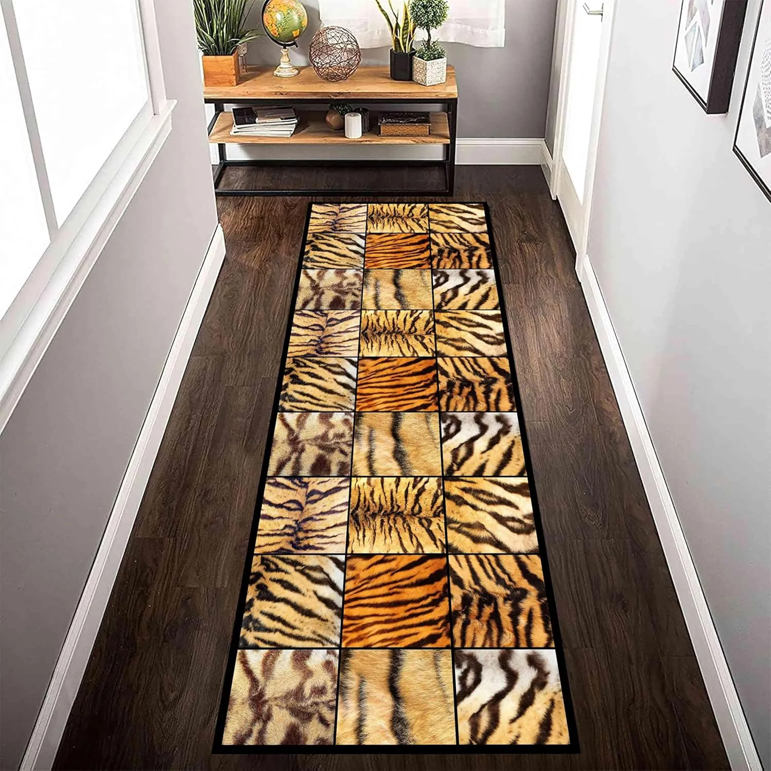 Animal Long Runners 2x6ft Wildlife Brown Tiger Stripes and Leopard Geometric Patchwork Hallway Runner Rugs Soft Cozy Absorbent Carpet for Bedroom Washable Non-Slip Mat for Bedside Kitchen