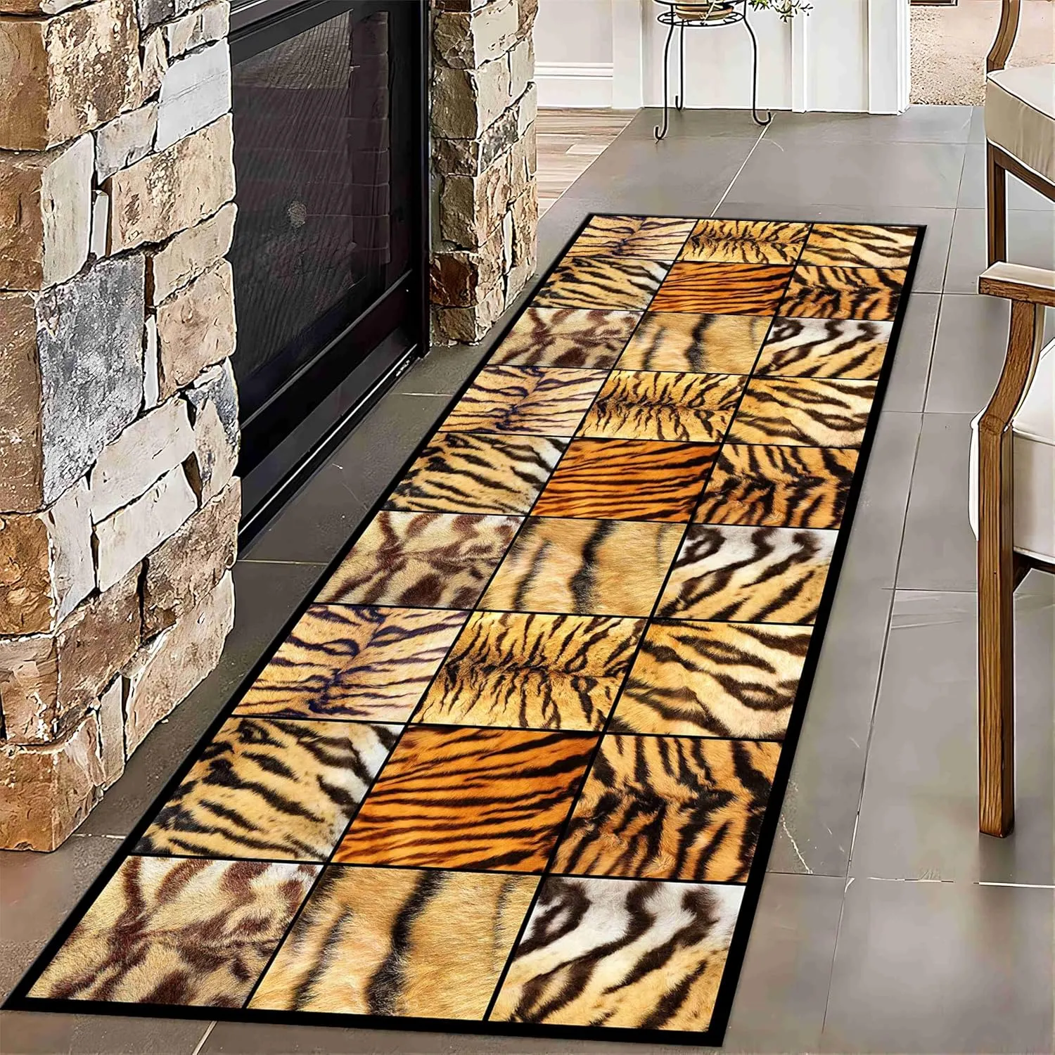Animal Long Runners 2x6ft Wildlife Brown Tiger Stripes and Leopard Geometric Patchwork Hallway Runner Rugs Soft Cozy Absorbent Carpet for Bedroom Washable Non-Slip Mat for Bedside Kitchen