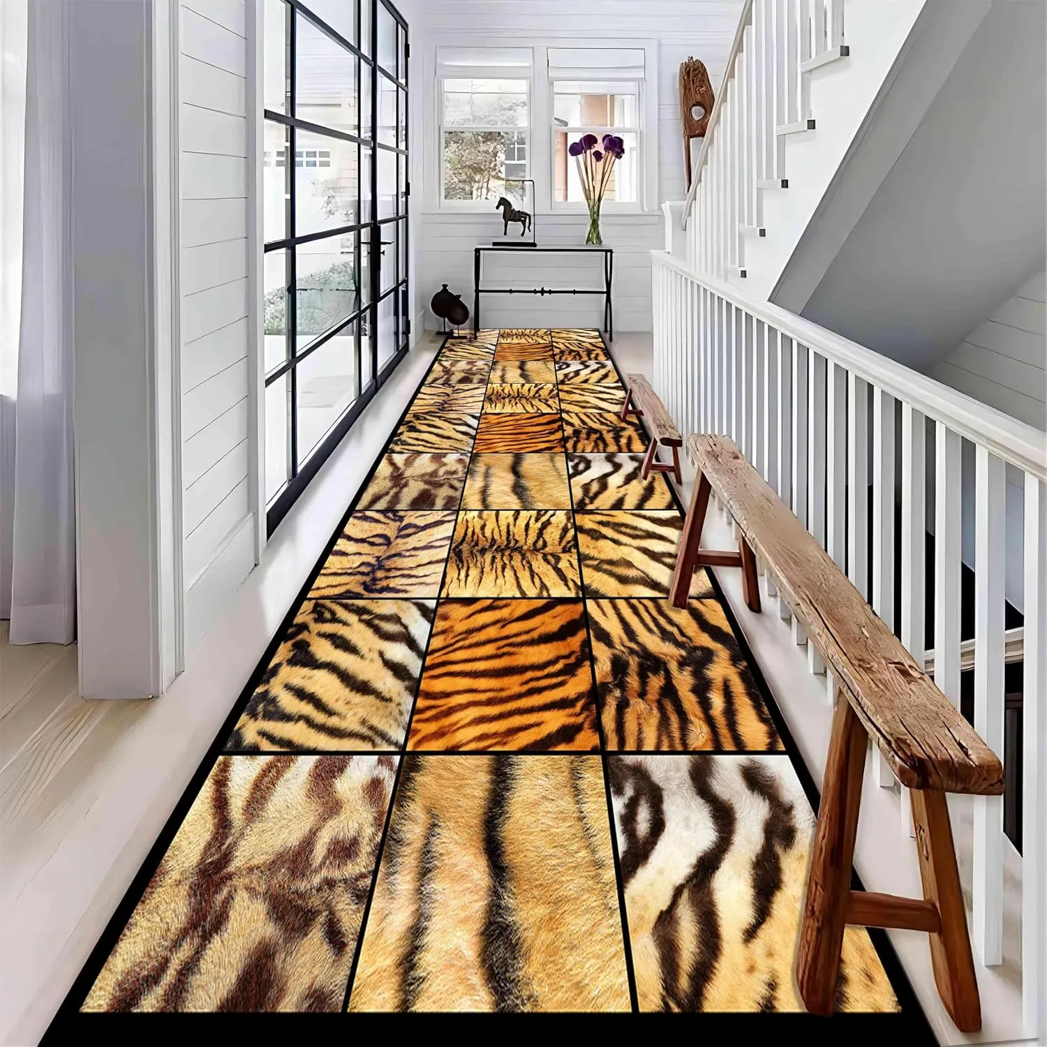 Animal Long Runners 2x6ft Wildlife Brown Tiger Stripes and Leopard Geometric Patchwork Hallway Runner Rugs Soft Cozy Absorbent Carpet for Bedroom Washable Non-Slip Mat for Bedside Kitchen
