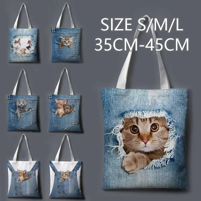 Anime cat denim print cartoon cute large-capacity canvas tote bag fabric cotton reusable shopping bag female beach handbag