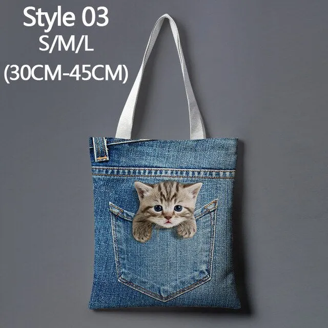 Anime cat denim print cartoon cute large-capacity canvas tote bag fabric cotton reusable shopping bag female beach handbag
