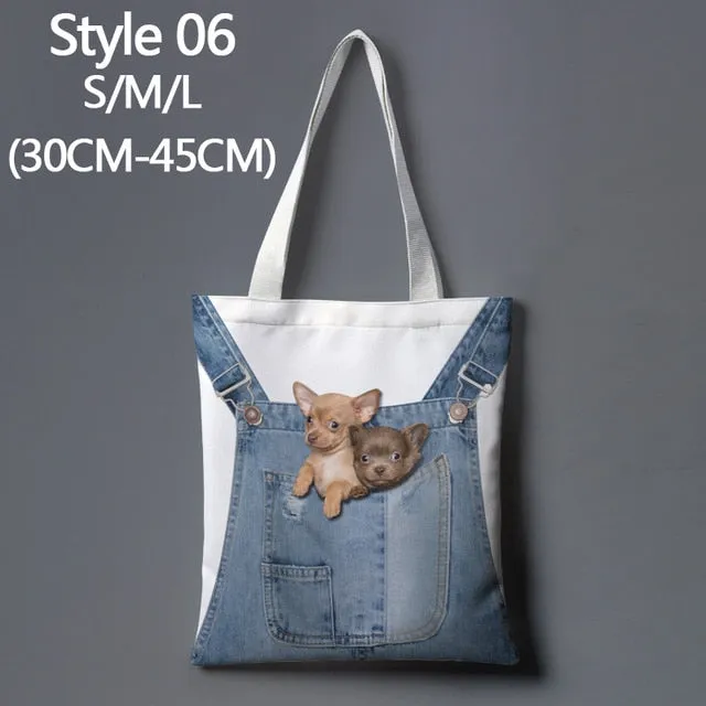 Anime cat denim print cartoon cute large-capacity canvas tote bag fabric cotton reusable shopping bag female beach handbag