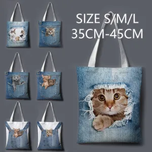 Anime cat denim print cartoon cute large-capacity canvas tote bag fabric cotton reusable shopping bag female beach handbag