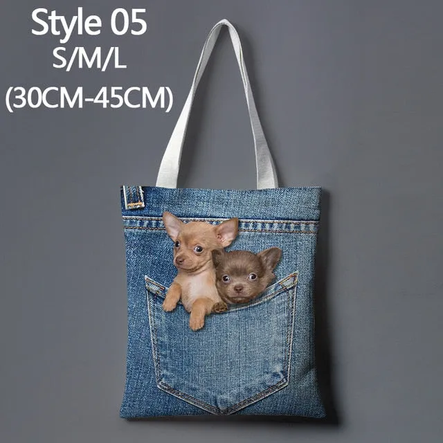 Anime cat denim print cartoon cute large-capacity canvas tote bag fabric cotton reusable shopping bag female beach handbag