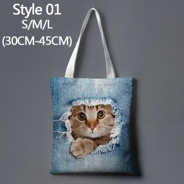 Anime cat denim print cartoon cute large-capacity canvas tote bag fabric cotton reusable shopping bag female beach handbag