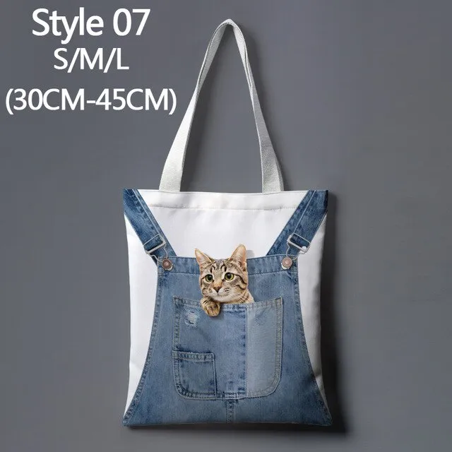 Anime cat denim print cartoon cute large-capacity canvas tote bag fabric cotton reusable shopping bag female beach handbag