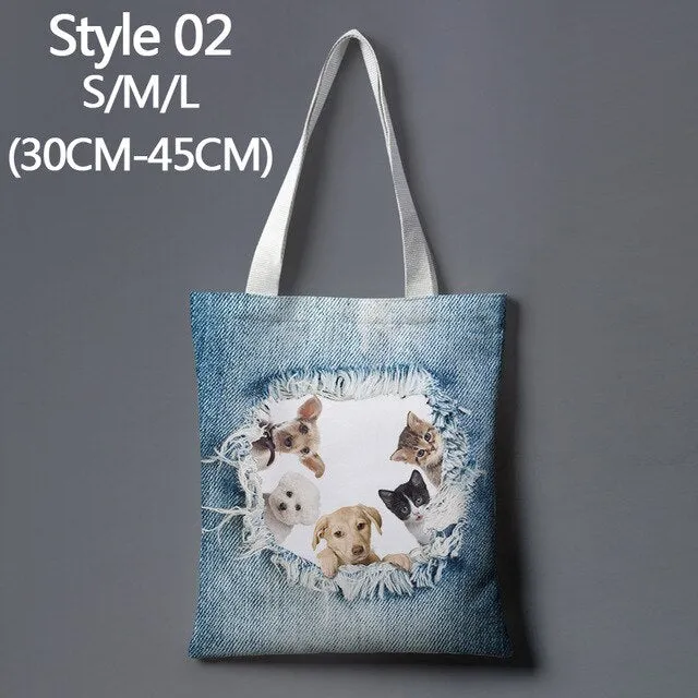 Anime cat denim print cartoon cute large-capacity canvas tote bag fabric cotton reusable shopping bag female beach handbag