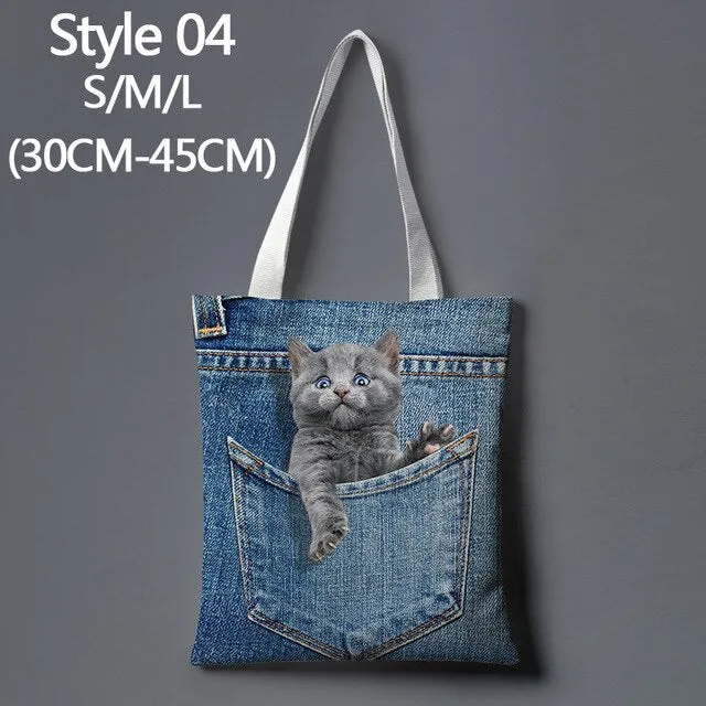 Anime cat denim print cartoon cute large-capacity canvas tote bag fabric cotton reusable shopping bag female beach handbag
