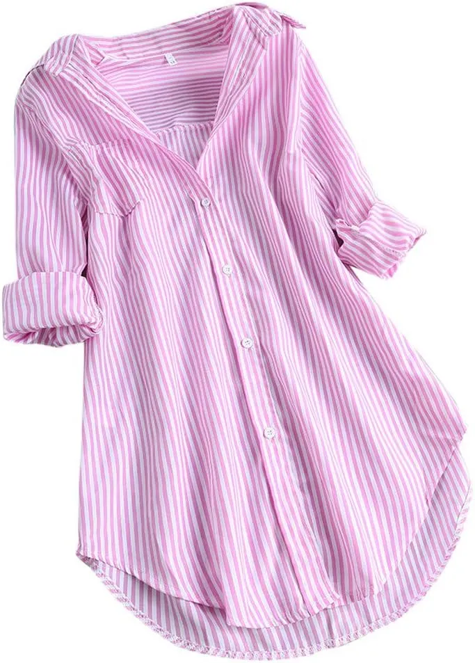 Aniywn Women's Stripe Long Sleeve T-Shirt Casual Loose Button Down Rolled Sleeve Plus Size Comfy Tunic Blouses