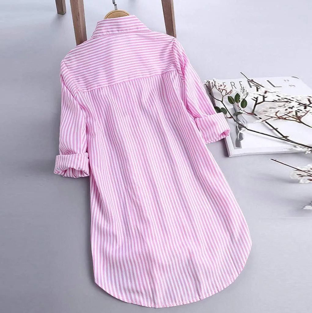 Aniywn Women's Stripe Long Sleeve T-Shirt Casual Loose Button Down Rolled Sleeve Plus Size Comfy Tunic Blouses