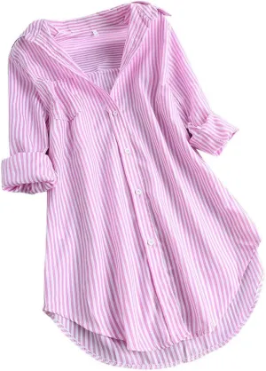 Aniywn Women's Stripe Long Sleeve T-Shirt Casual Loose Button Down Rolled Sleeve Plus Size Comfy Tunic Blouses