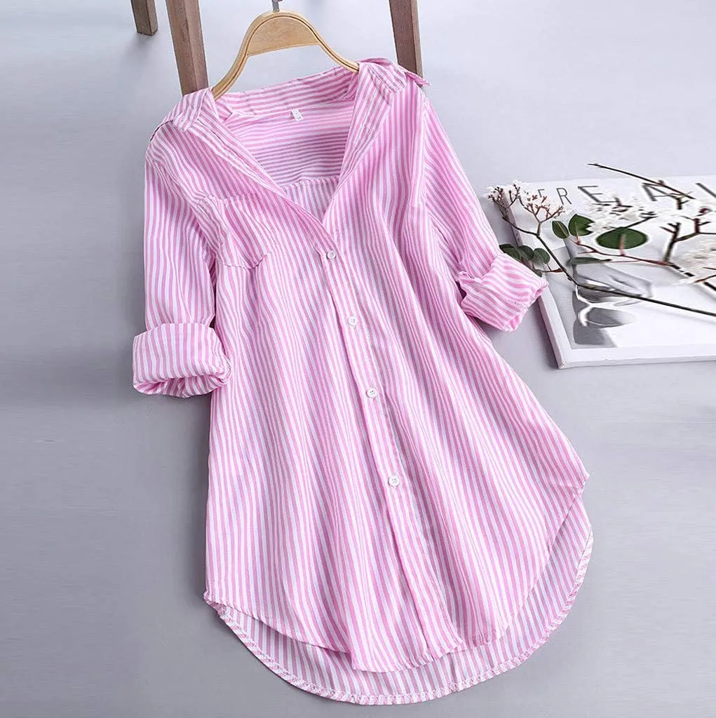 Aniywn Women's Stripe Long Sleeve T-Shirt Casual Loose Button Down Rolled Sleeve Plus Size Comfy Tunic Blouses