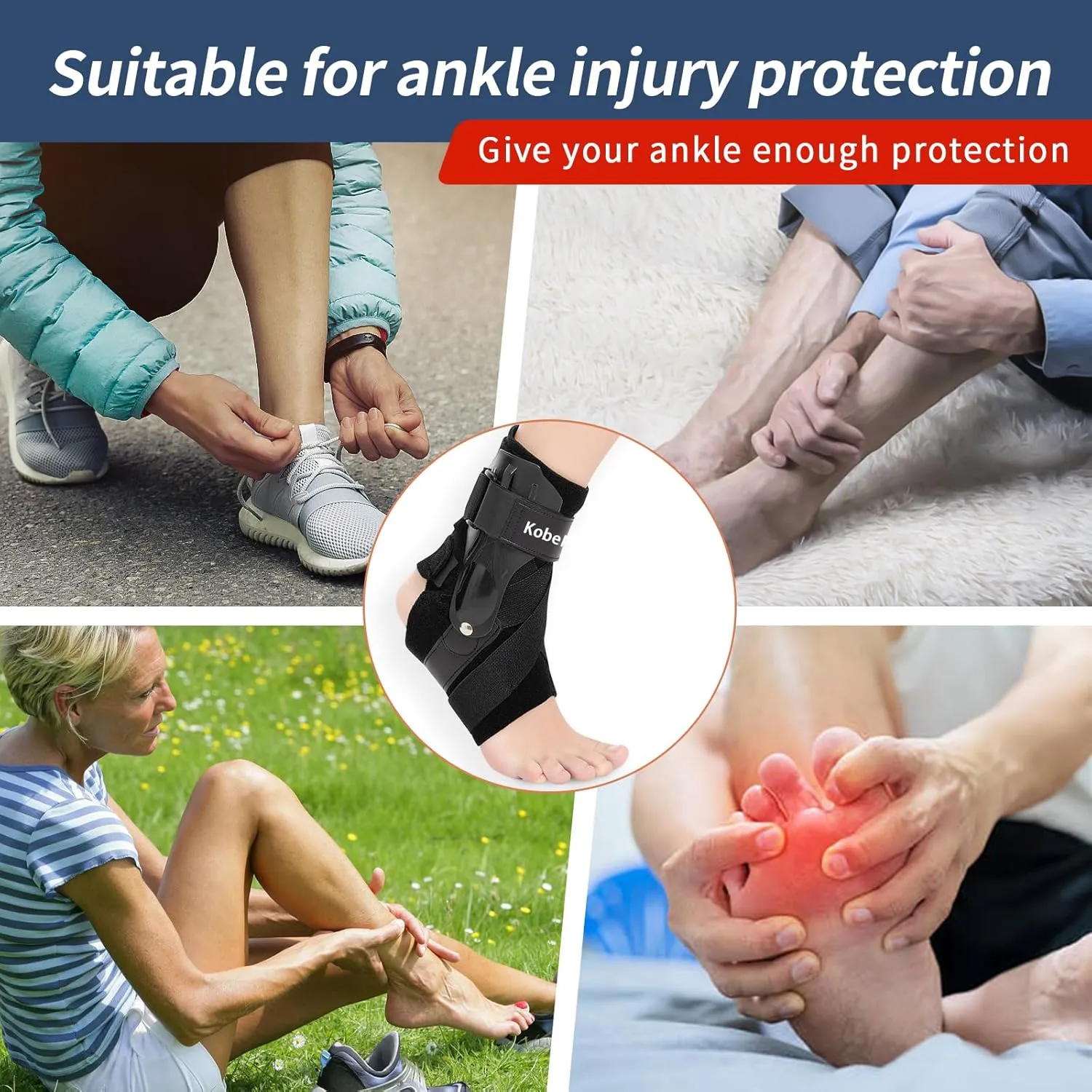 Ankle Brace with Side Stabilizers - Adjustable Ankle Support Sprained Ankle Brace for Ankle Sprained, Achilles Tendon, Plantar Fasciitis, Injury Recovery, Ankles Support for Running, Basketball, Football (Black, Large)