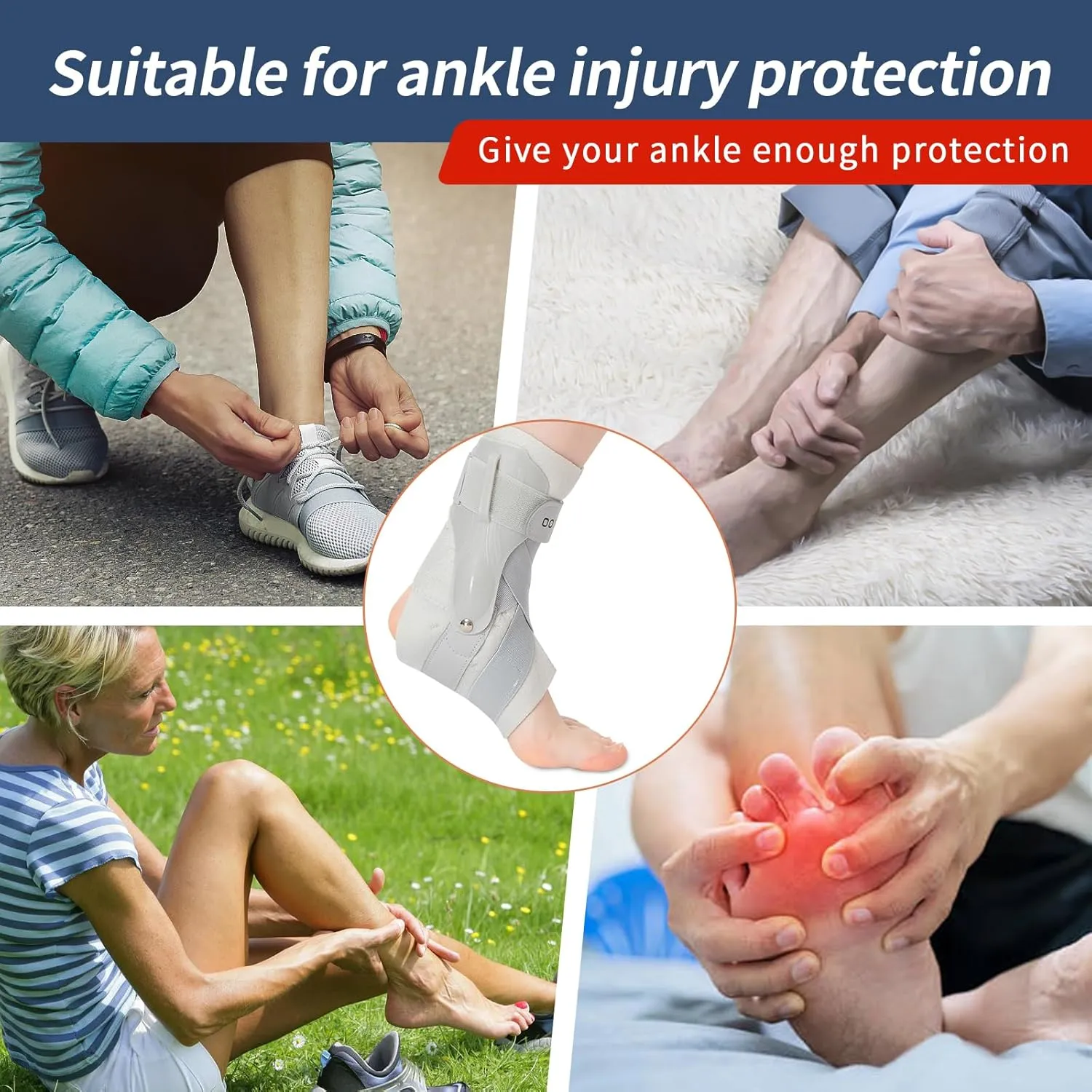 Ankle Brace with Side Stabilizers - Adjustable Ankle Support Sprained Ankle Brace for Ankle Sprained, Achilles Tendon, Plantar Fasciitis, Injury Recovery, Ankles Support for Running, Basketball, Football (Gray, Large)
