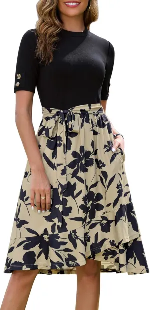 Annebouti Womens 2025 Short Sleeve Spring Summer Ribbed Modest Semi-Formal Teacher Casual Work Midi Dress with Pockets