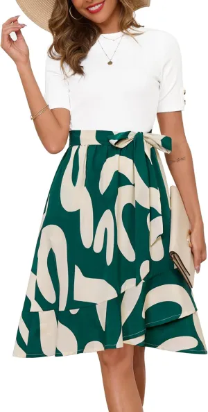 Annebouti Womens 2025 Short Sleeve Spring Summer Ribbed Modest Semi-Formal Teacher Casual Work Midi Dress with Pockets
