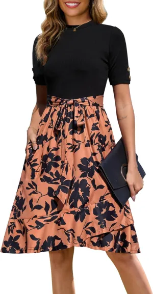 Annebouti Womens 2025 Short Sleeve Spring Summer Ribbed Modest Semi-Formal Teacher Casual Work Midi Dress with Pockets