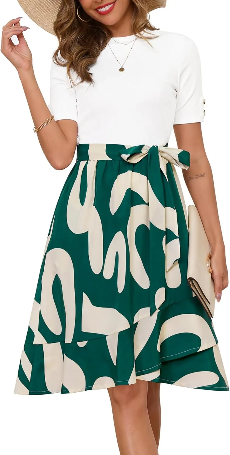 Annebouti Womens 2025 Short Sleeve Spring Summer Ribbed Modest Semi-Formal Teacher Casual Work Midi Dress with Pockets