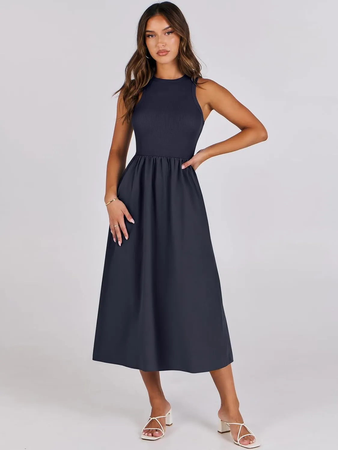 ANRABESS Womens 2025 Summer Casual Maxi Dress A line Tiered Flowy Short Sleeve Crewneck T Shirt Beach Travel Long Dresses