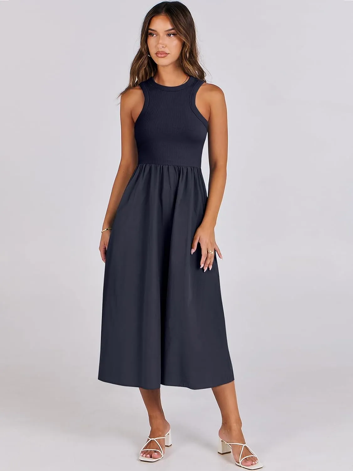 ANRABESS Womens 2025 Summer Casual Maxi Dress A line Tiered Flowy Short Sleeve Crewneck T Shirt Beach Travel Long Dresses