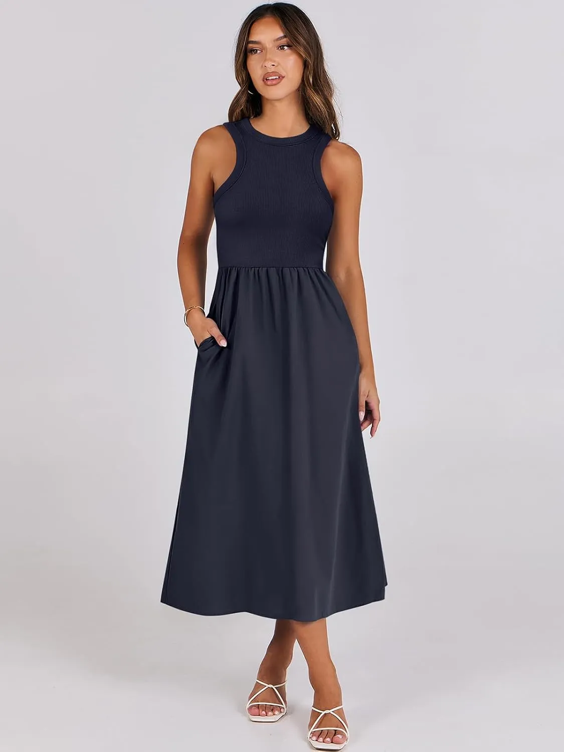 ANRABESS Womens 2025 Summer Casual Maxi Dress A line Tiered Flowy Short Sleeve Crewneck T Shirt Beach Travel Long Dresses