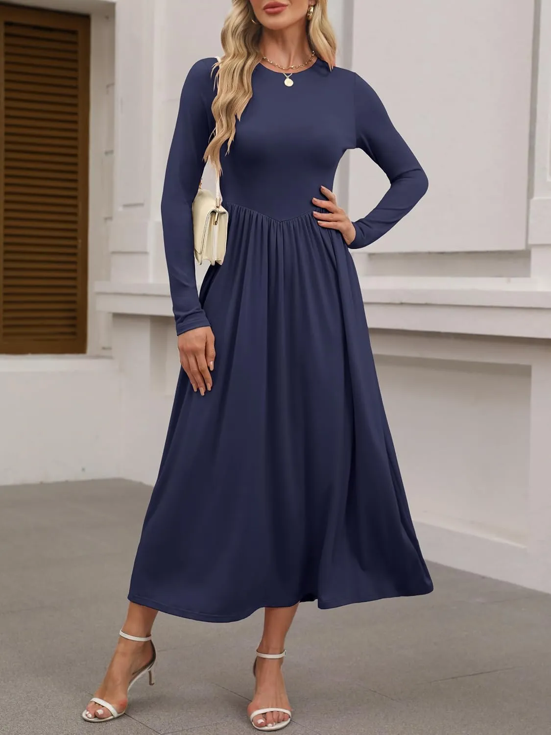 ANRABESS Women's Long Sleeve Maxi Dress Crew Neck Casual Slim Trendy Pleated Long Dresses with Pockets 2025 Spring Outfits