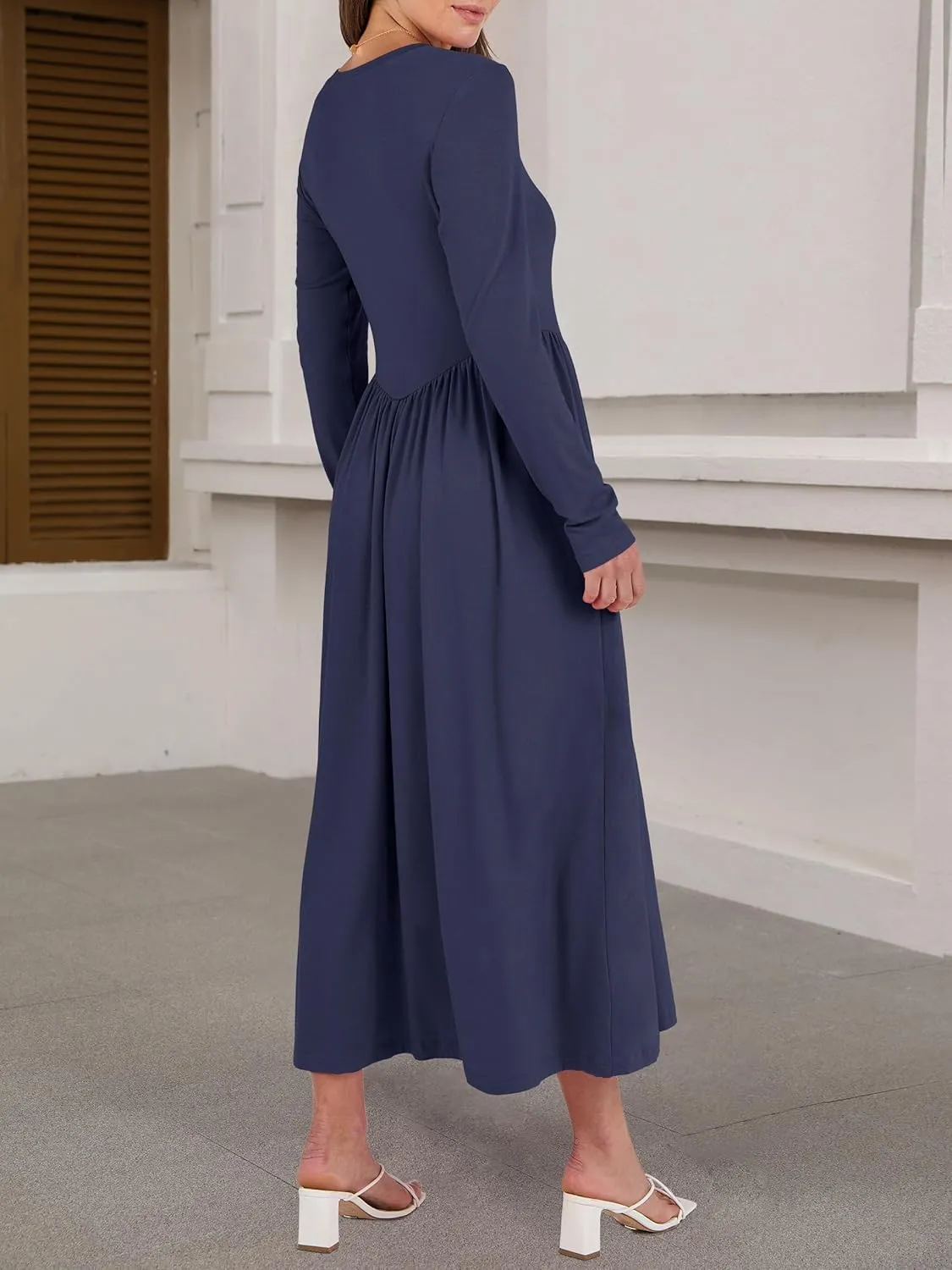 ANRABESS Women's Long Sleeve Maxi Dress Crew Neck Casual Slim Trendy Pleated Long Dresses with Pockets 2025 Spring Outfits
