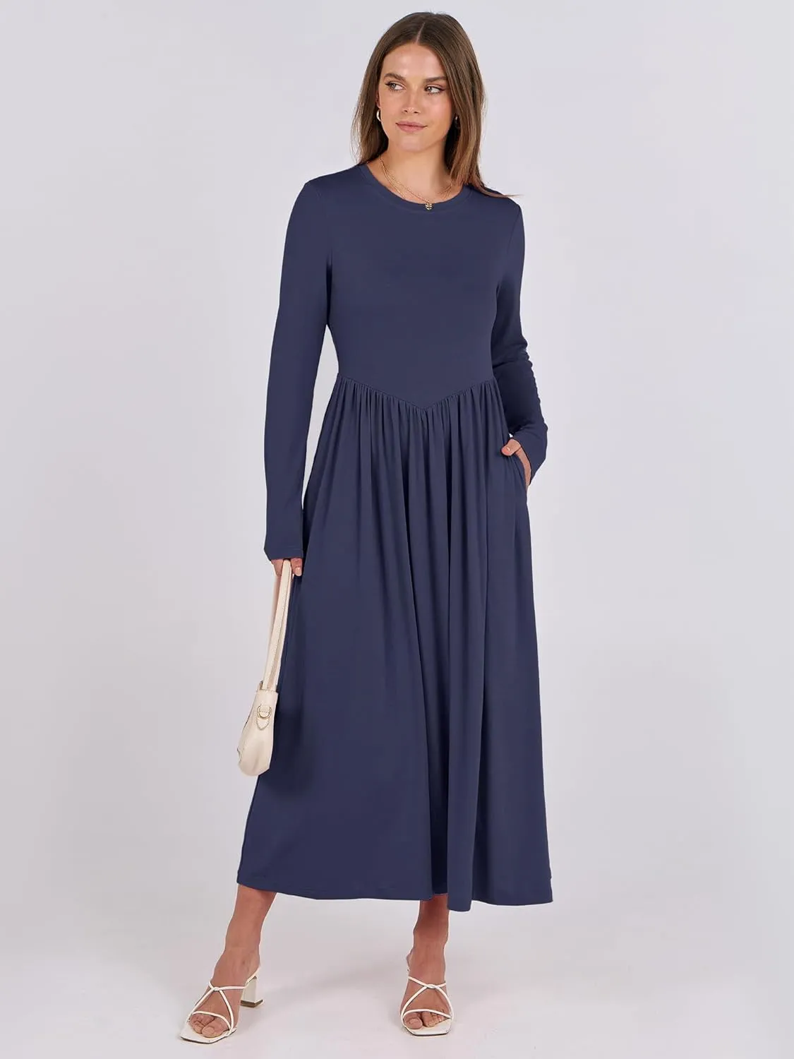 ANRABESS Women's Long Sleeve Maxi Dress Crew Neck Casual Slim Trendy Pleated Long Dresses with Pockets 2025 Spring Outfits