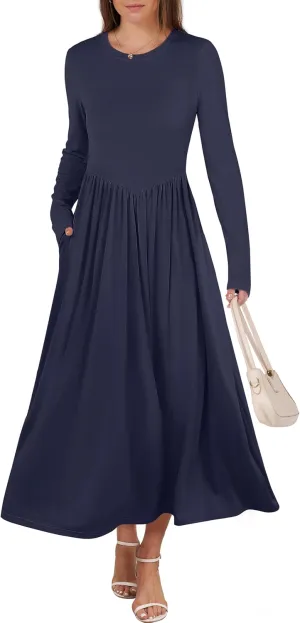 ANRABESS Women's Long Sleeve Maxi Dress Crew Neck Casual Slim Trendy Pleated Long Dresses with Pockets 2025 Spring Outfits