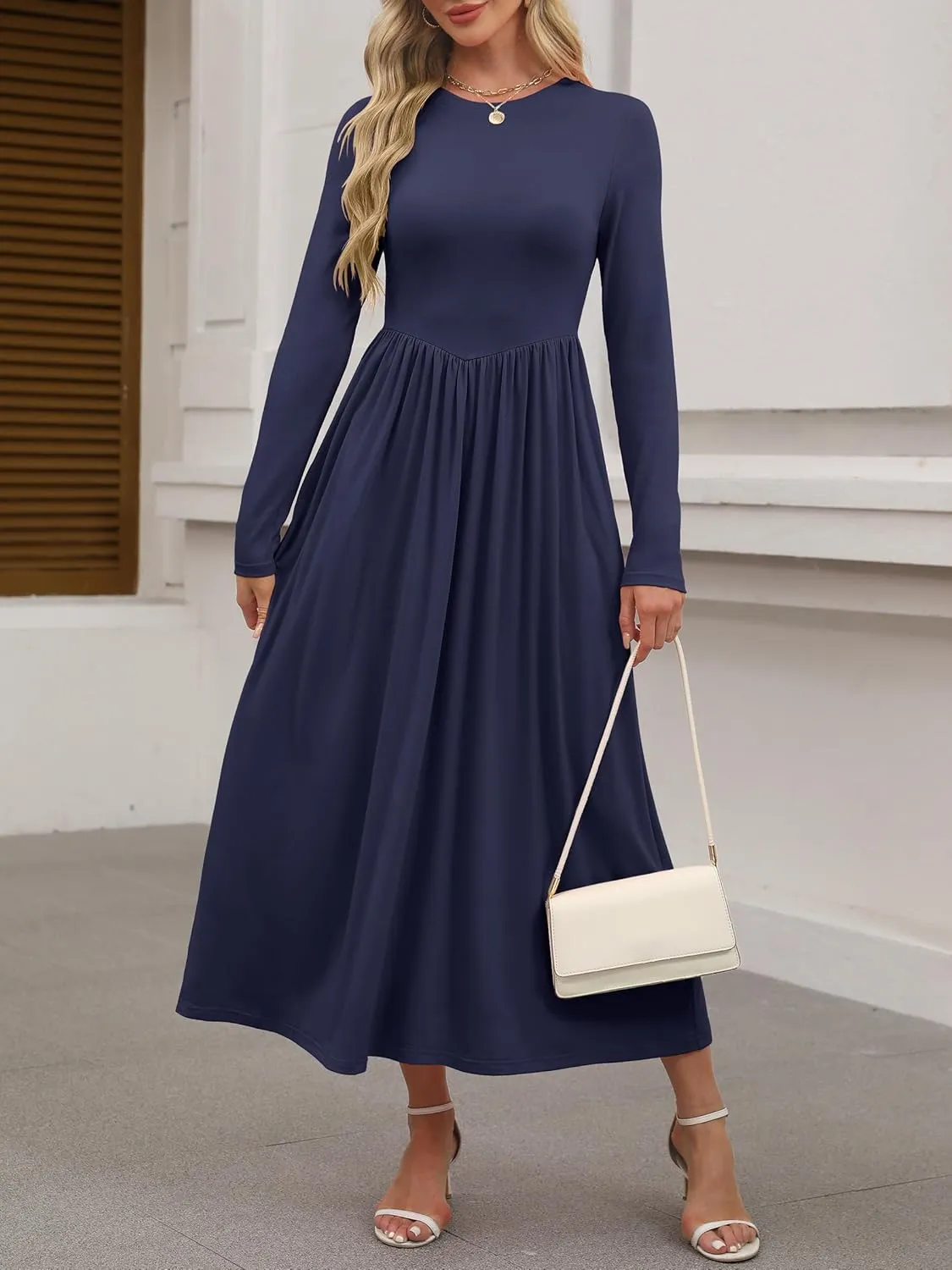 ANRABESS Women's Long Sleeve Maxi Dress Crew Neck Casual Slim Trendy Pleated Long Dresses with Pockets 2025 Spring Outfits