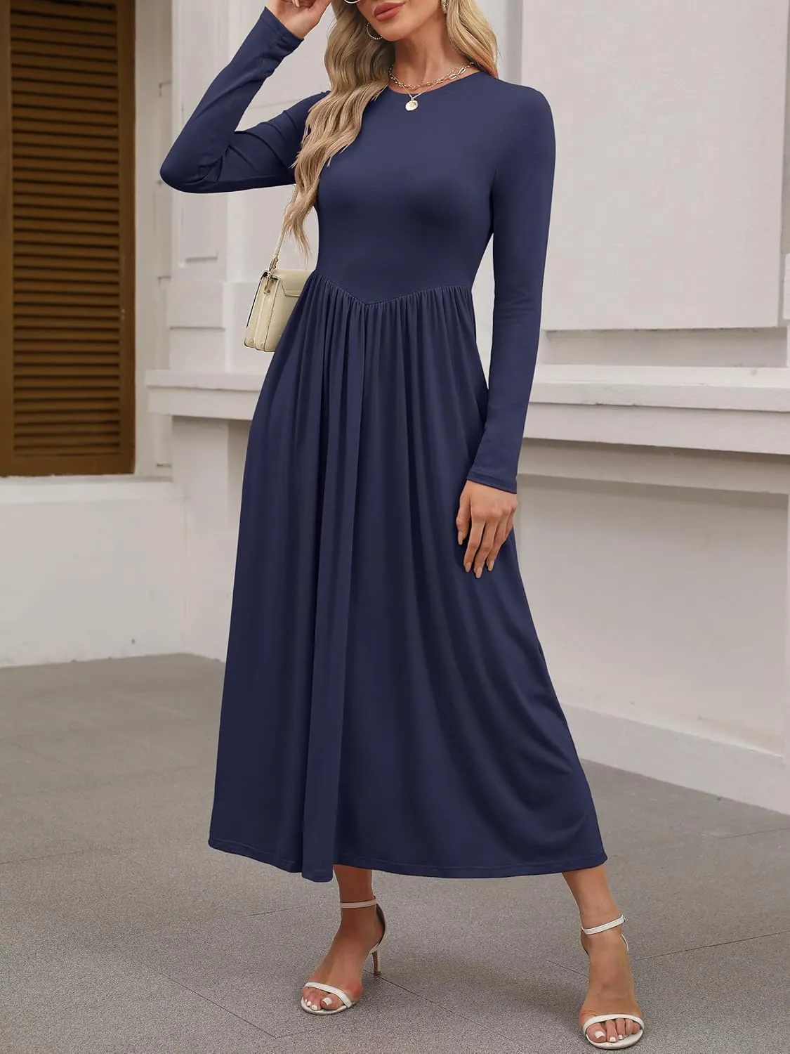 ANRABESS Women's Long Sleeve Maxi Dress Crew Neck Casual Slim Trendy Pleated Long Dresses with Pockets 2025 Spring Outfits