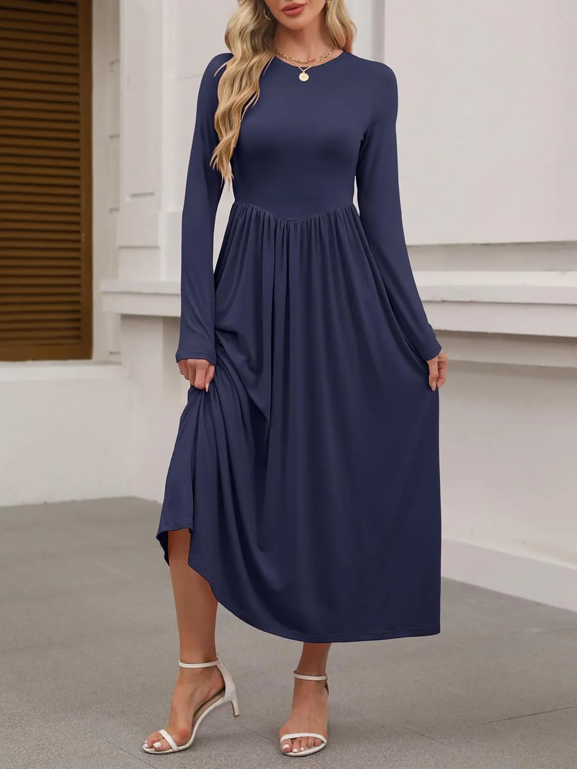 ANRABESS Women's Long Sleeve Maxi Dress Crew Neck Casual Slim Trendy Pleated Long Dresses with Pockets 2025 Spring Outfits
