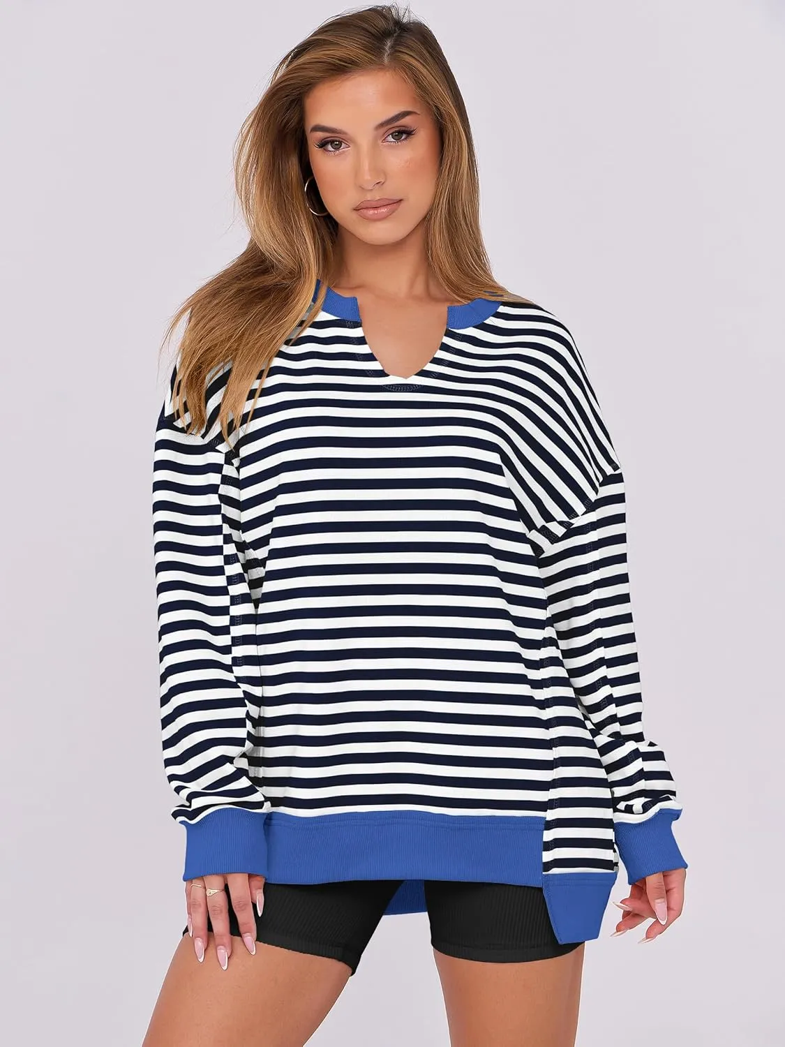 ANRABESS Womens Oversized Sweatshirts V Neck Long Sleeve Tunic Lightweight Pullover Shirts 2025 Fall Tops Teen Girls Outfits