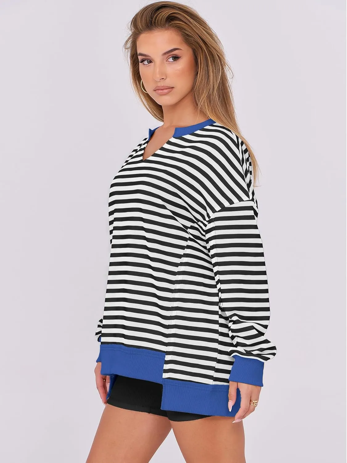 ANRABESS Womens Oversized Sweatshirts V Neck Long Sleeve Tunic Lightweight Pullover Shirts 2025 Fall Tops Teen Girls Outfits