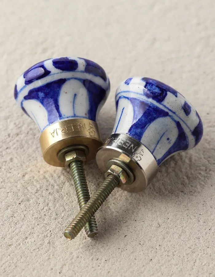 Antique Blue Ceramic Blue Pottery Door Knob With White Print
