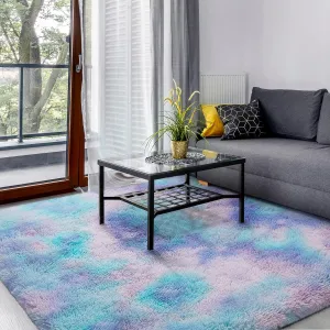 Area Rugs for Bedroom Living Room, 3x5 ft Tie-Dyed Shag Rug, Small Fluffy Washable Non-Slip Throw Carpet for Kids Nursery and Home Decor, Teal Purple