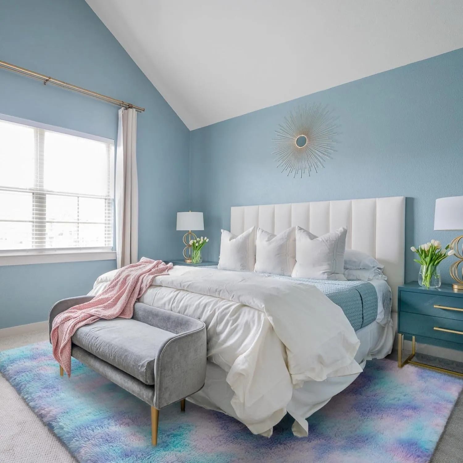 Area Rugs for Bedroom Living Room, 3x5 ft Tie-Dyed Shag Rug, Small Fluffy Washable Non-Slip Throw Carpet for Kids Nursery and Home Decor, Teal Purple