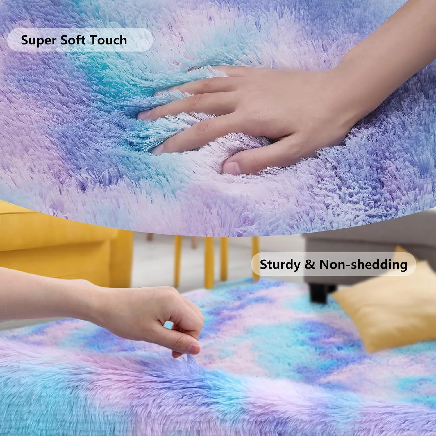 Area Rugs for Bedroom Living Room, 3x5 ft Tie-Dyed Shag Rug, Small Fluffy Washable Non-Slip Throw Carpet for Kids Nursery and Home Decor, Teal Purple
