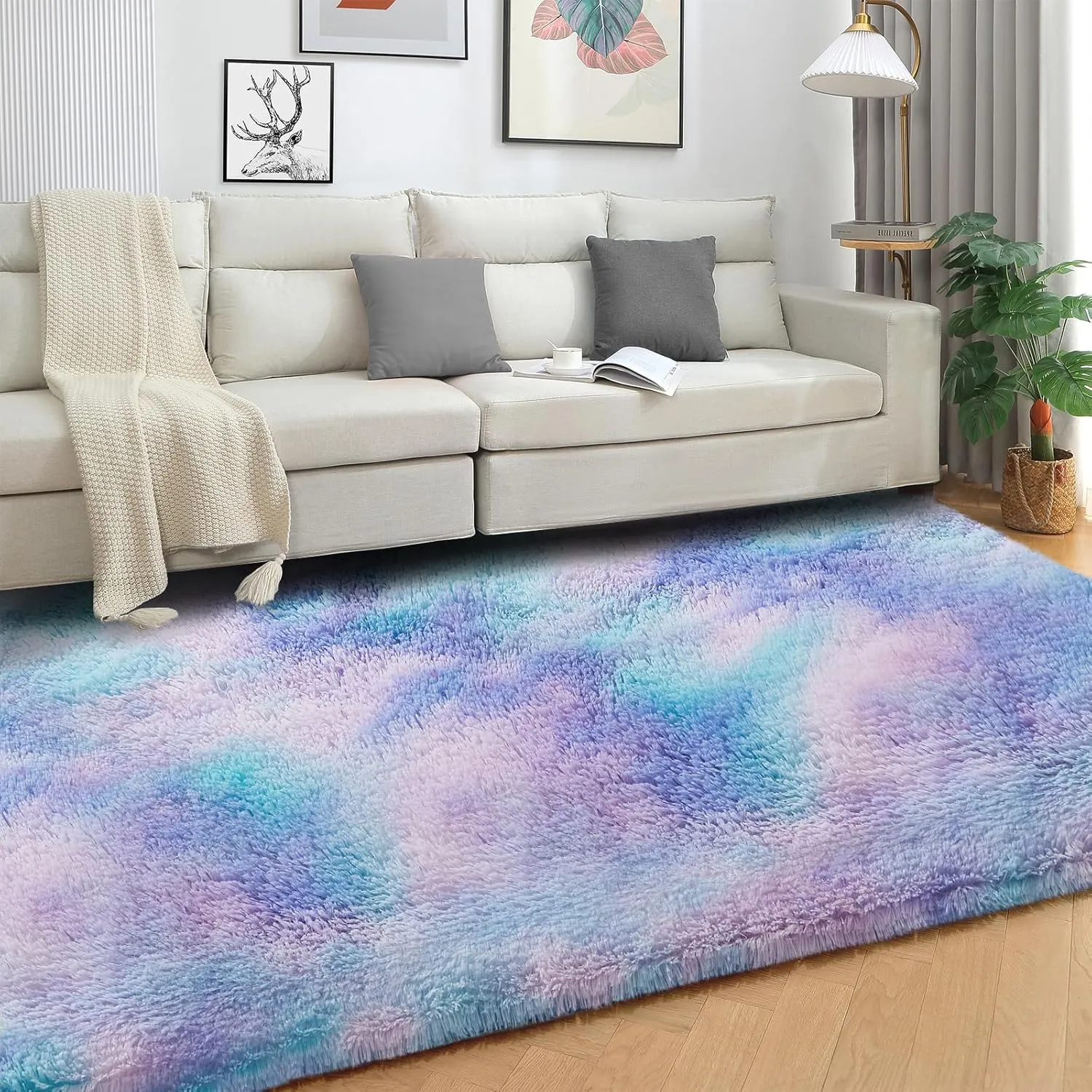 Area Rugs for Bedroom Living Room, 3x5 ft Tie-Dyed Shag Rug, Small Fluffy Washable Non-Slip Throw Carpet for Kids Nursery and Home Decor, Teal Purple