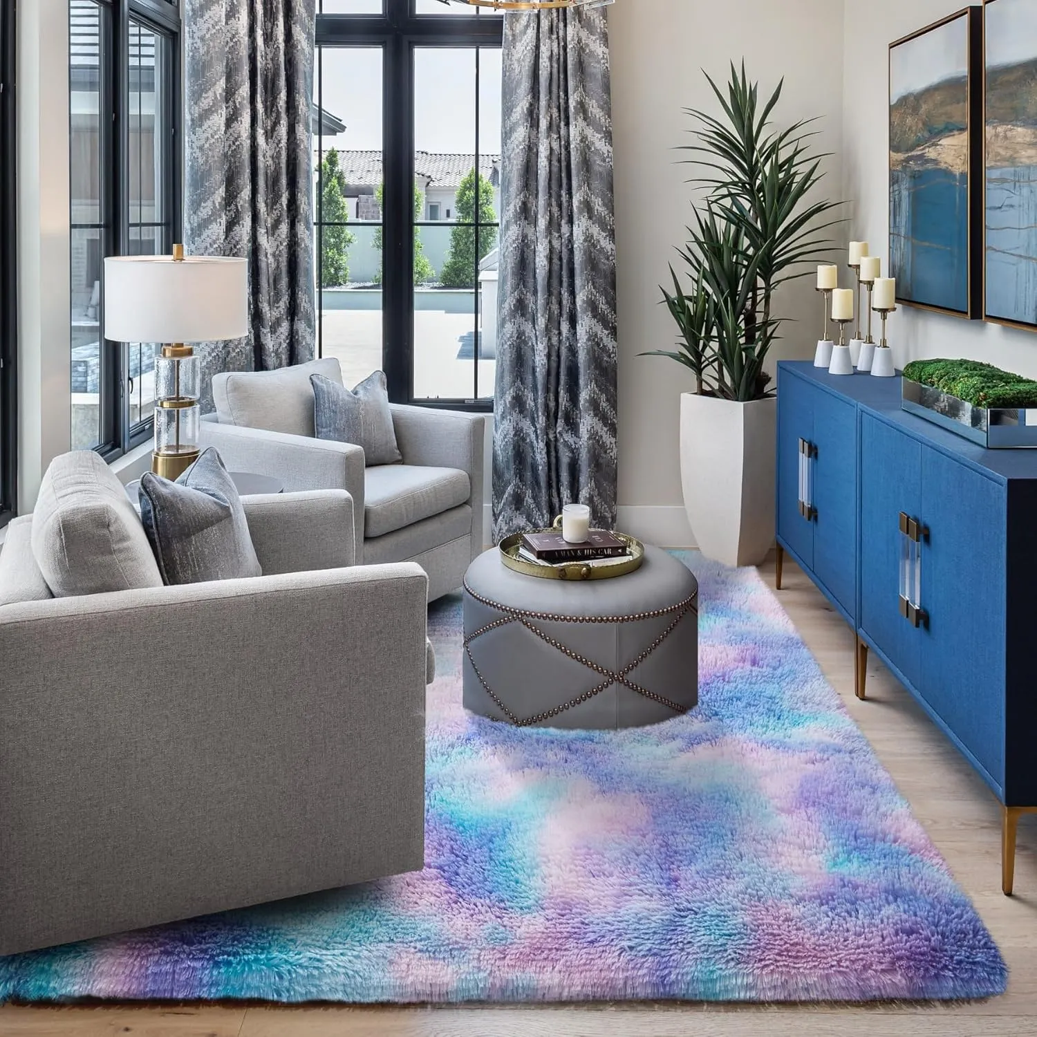 Area Rugs for Bedroom Living Room, 3x5 ft Tie-Dyed Shag Rug, Small Fluffy Washable Non-Slip Throw Carpet for Kids Nursery and Home Decor, Teal Purple
