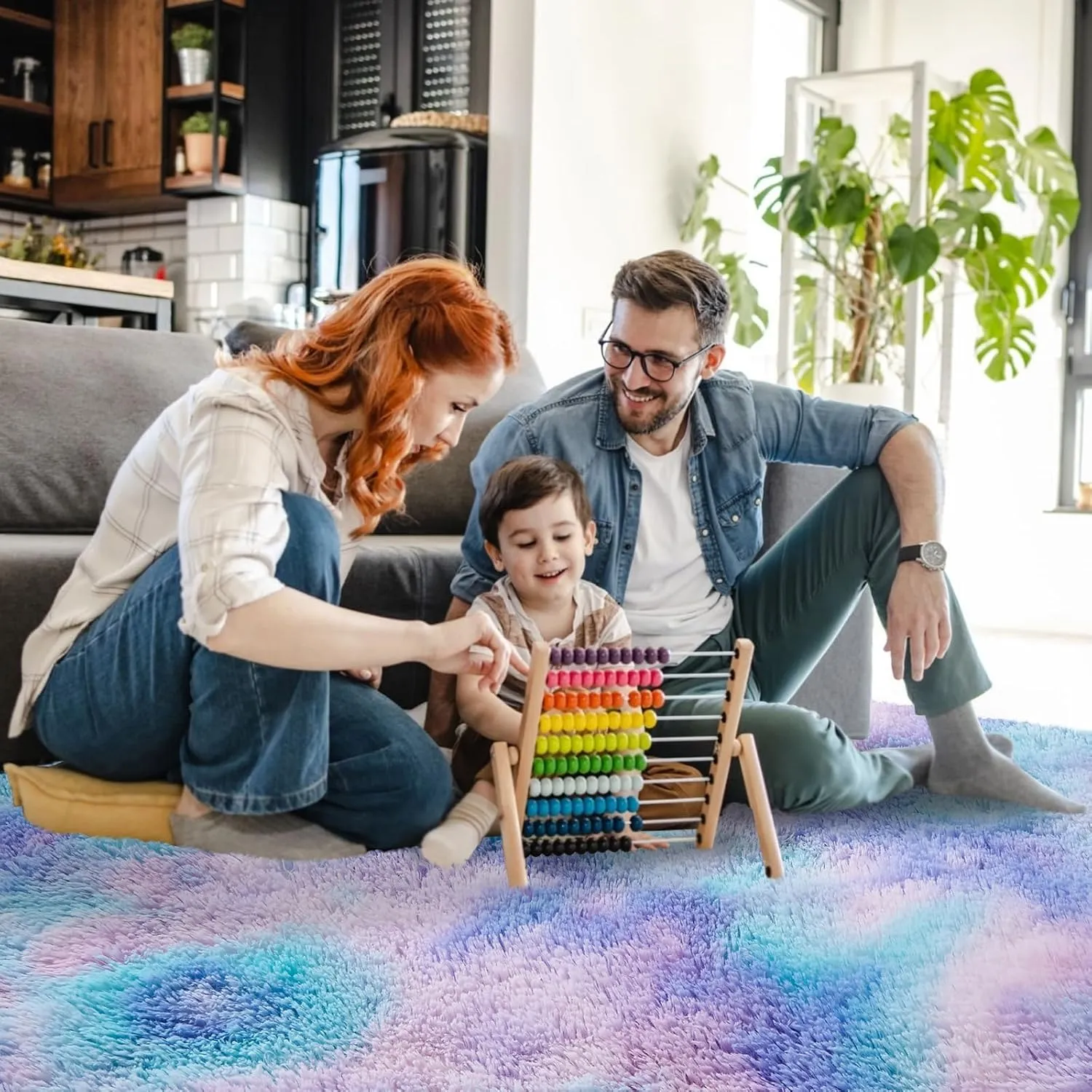 Area Rugs for Bedroom Living Room, 3x5 ft Tie-Dyed Shag Rug, Small Fluffy Washable Non-Slip Throw Carpet for Kids Nursery and Home Decor, Teal Purple