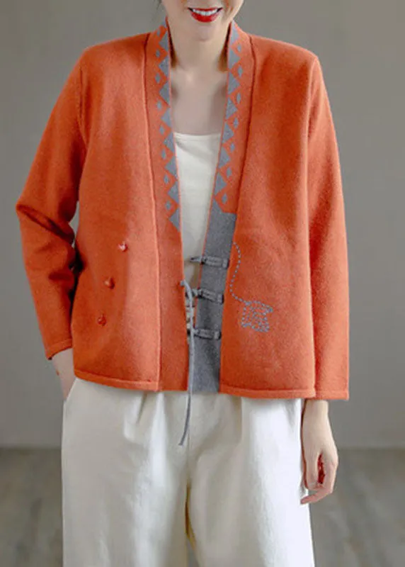 Art Beige V Neck Embroidered asymmetrical design Patchwork Fall Knit sweaters